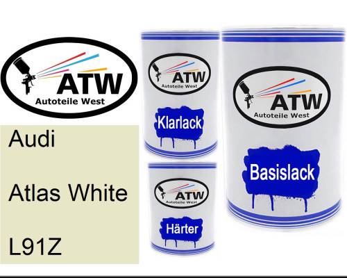 Audi, Atlas White, L91Z: 500ml Lackdose + 500ml Klarlack + 250ml Härter - Set, von ATW Autoteile West.